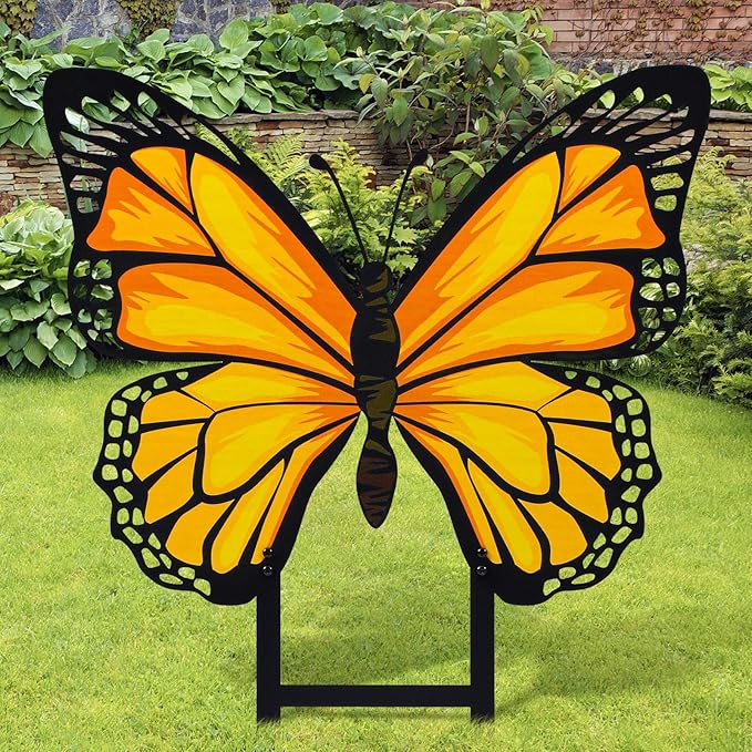 1 Pcs Spring Metal Butterfly Garden Stakes Decor 16.5 Inch Decorative Yellow Butterfly Yard Stake Outdoor Insect Decor Metal Garden Art Ornaments for Patio Porch Lawn Backyard