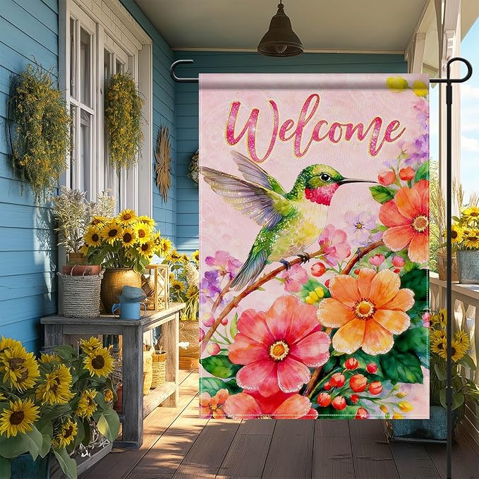 IVN Hummingbird Welcome Garden Flag 12x18 Inch – Spring Summer Floral Outdoor Flag, Double Sided Burlap Yard Flag for Porch Lawn Patio Decor