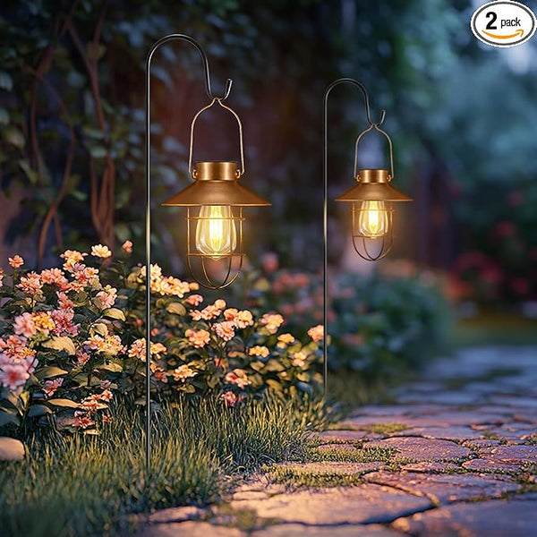 pearlstar 2 Pack Solar Lights Outdoor, Hanging Solar Lanterns with Edison Bulb and 2 x 32 Inch Shepherd Hooks, Waterproof Landscape Lighting for Garden Patio Yard Pathway Driveway Lawn (Copper)