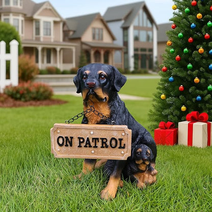 Rottweiler Mother-and-Pup Family Welcome with Solar Lantern and Double-Sided Sign, Sitting Duo Statue for Porch Bench, Garden Path & Entry
