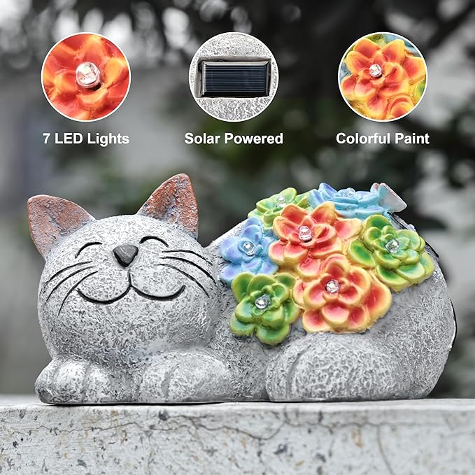 Otdair Solar Cat Decor, Birthday Gifts for Women with Succulent and 7 LED Lights, Christmas Gifts for Mom, Seniors, House Warming New Home Garden Decor for Cat Lover