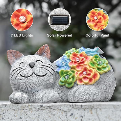 Otdair Solar Cat Decor, Birthday Gifts for Women with Succulent and 7 LED Lights, Christmas Gifts for Mom, Seniors, House Warming New Home Garden Decor for Cat Lover