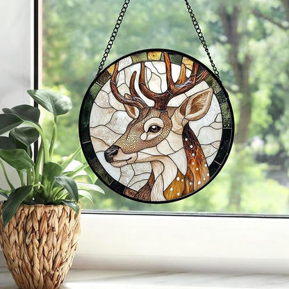 CHATYOUNG Stained Glass Window Hanging Elk 7.8" - Suncatcher Bedroom Door Garden Home Decor and Christmas Valentine for Grandma Nana Mom Women Wife Girlfriend Friend