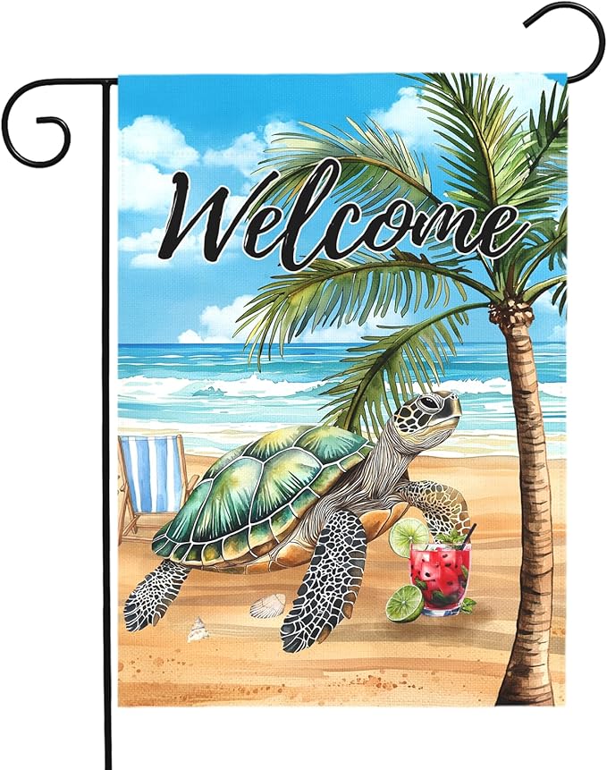 Welcome Garden Flag Sea Turtle Beach Scene Yard Flag Tropical Coastal Summer Double Sided Polyester Ocean Palm Tree Yard Flags for Lawn Porch Patio Nautical Seaside Outdoor Decor 12x18 Inch