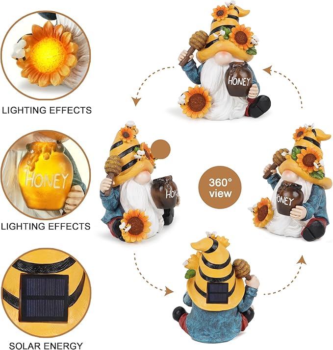 basen Bee Gnome Solar Garden Statue Outdoor Decor, Resin Gnome with Sunflower and Honey Jar, Solar Powered Lighted Yard Lawn Patio Porch Decoration, Waterproof Yard Art