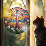 VAIIEYO Cross Sun Catcher Stained Glass Window Hanging Ornament, Handmade Sun Catcher Religion Decoration with Hooks for Window Garden Home, Mother's Day & Birthday Housewarming Gift (7.8 inch)