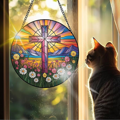 VAIIEYO Cross Sun Catcher Stained Glass Window Hanging Ornament, Handmade Sun Catcher Religion Decoration with Hooks for Window Garden Home, Mother's Day & Birthday Housewarming Gift (7.8 inch)