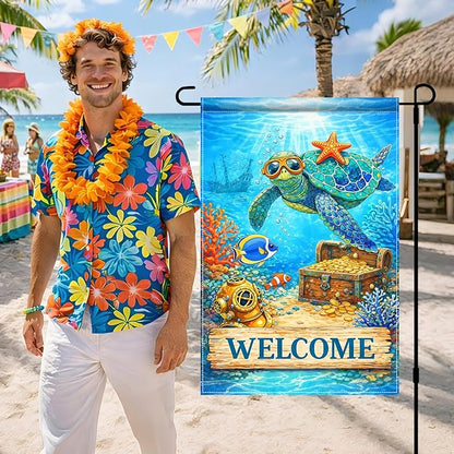 BlissYard Ocean Sea Turtle Welcome Garden Flag 12x18 Double Sided Vertical Outdoor Coastal Decor Underwater Coral Reef Yard Garden Lawn Patio Nautical Summer Banner