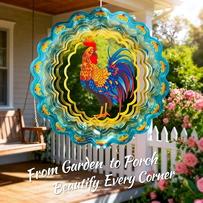 Stainless Steel 3D Chicken Wind Spinner Garden Yard Patio Porch Decor, Birthday Gifts for Women Mom Grandma, 12 Inch Hanging Rooster Wind Spinners Outdoor Chicken Coop Decoration
