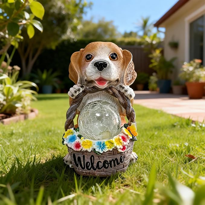 Solar Dog Garden Statues Decor with Flower Waterproof Figurine Resin Sculpture Gift for Mom Grandma, Outdoor Decorations for Porch Patio Lawn Yard Home House Gardening Birthday Housewarming (Dog)
