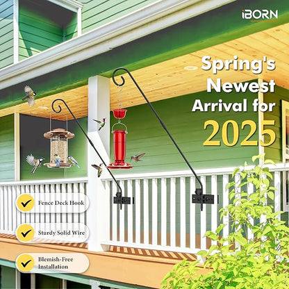 iBorn Fence Deck Hook Rail Heavy Duty Hummingbird Feeder Hanger 28 Inch Railing Hanging Hook for Bird Feeder, Suet Baskets, Planters, Wind Chimes, Solid Wire, 180 Degree Rotary, Pack of 2