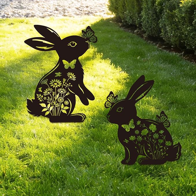 Bunny Garden Decor for Outside - 2 Pcs Rabbit Statue Metal Yard Art Stakes Lawn Patio Pathway Pot Decoration Black Silhouette Sculpture Easter Birthday Gifts for Women Girls Mom Grandma