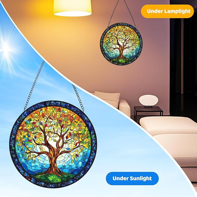 Tree of Life Stained Glass Window Hanging - Sun Catchers for Indoor/Outdoor Décor | Artisan Glass Panels for Home & Garden Wall Art | Unique Suncatcher Housewarming Gift for Home Decoration