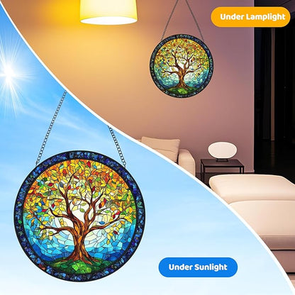 Tree of Life Stained Glass Window Hanging - Sun Catchers for Indoor/Outdoor Décor | Artisan Glass Panels for Home & Garden Wall Art | Unique Suncatcher Housewarming Gift for Home Decoration