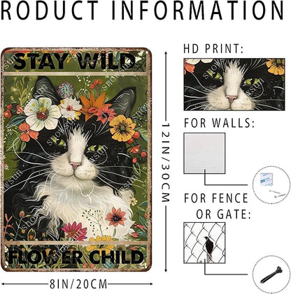 snowsun Vintage Metal Signs Cat Stay Wild Flower Child Funny Tin Sign Home Decor Wall Plaque for Living Room Bedroom Garden Yard Cafe Garage 8×12 Inches