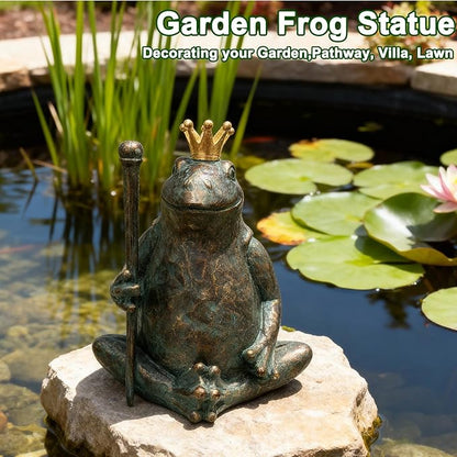 Frog Garden Statue, Yard Decorations Outdoor Decor, Weather-Resistant Animal Figurines & Sculptures, Seated Prince Frog with Scepter for Patio & Lawn, 11.5" H×9.8" L