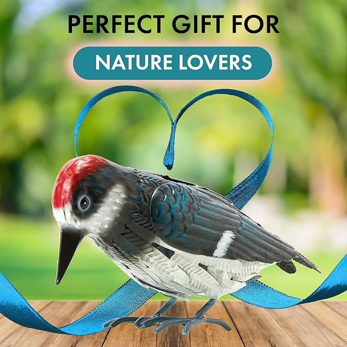 Metal Woodpecker Bird Figurine - Beautiful Backyard & Garden Gift, Birds Statue Sculpture Art Large Realistic - Outdoor Spring, Summer Metal Yard Art for Lawn Ornament Decoration Ornament Decor 7" H