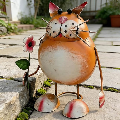 Rustic Cat-Shaped Iron Statue – Colorful Metal Animal Figurine for Indoor & Outdoor, Small 3D Iron Garden/Tabletop Decor, for Home Patio