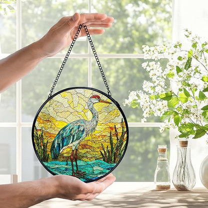 Beach Ocean Blue Heron Suncatchers Stained Glass Window Hanging, Coastal Ocean Sun Catchers Indoor Window Glass Round Wall Decor, Beachy Wall Hanging Decorations, 7.9x7.9in