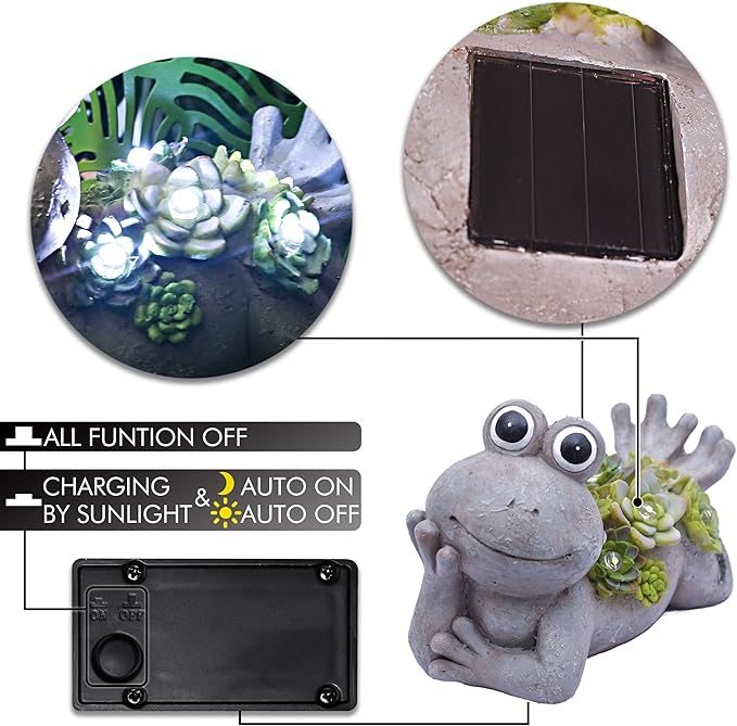 TERESA'S COLLECTIONS Frog Garden Decor with Solar Light for Outdoor Statues,Adorable Lying Frog Resin Lawn Ornaments Resting Animal Succulent Stone Figurines for Porch Patio Gifts for Mom Dad,7.3"