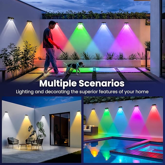 Solar Fence Lights Outdoor 16 Pack, 50 LM 11 Modes & 9 Colors Solar Lights with Brighter LED Focus Lens Waterproof IP65 for Wall Backyard Deck Patio Porch Step Railings Pool Decor