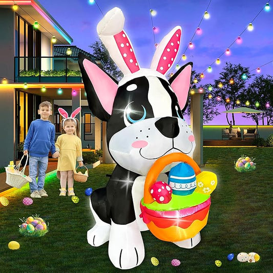 5 FT Easter Inflatables Dog Outdoor Decoration, LED Blow Up Yard Cute Dog with Easter Eggs for Party Spring Garden Drawing Room Indoor Decorations