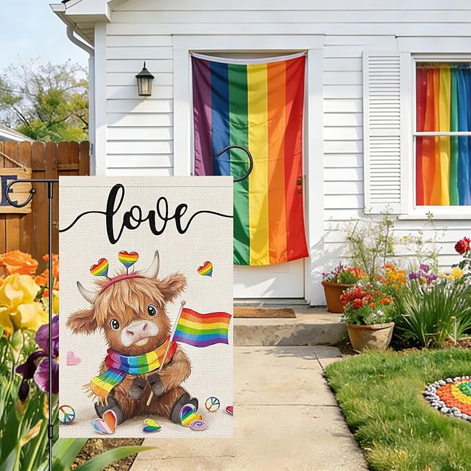 Heyfibro Love Cute Highland Cow Pride Garden Flag 12x18 Double Sided Burlap, Rainbow Heart Pattern Gay Lesbian LGBT Pansexual Yard Banner for Pride Month Outdoor Decoration (ONLY FLAG)