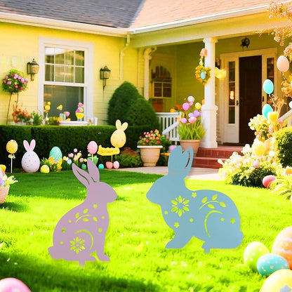 2 Pcs Easter Bunny Yard Signs Iron Rabbit Silhouette Decoration Pink and Blue Metal Rabbit Yard Art for Outdoor Lawn Garden Spring Decor