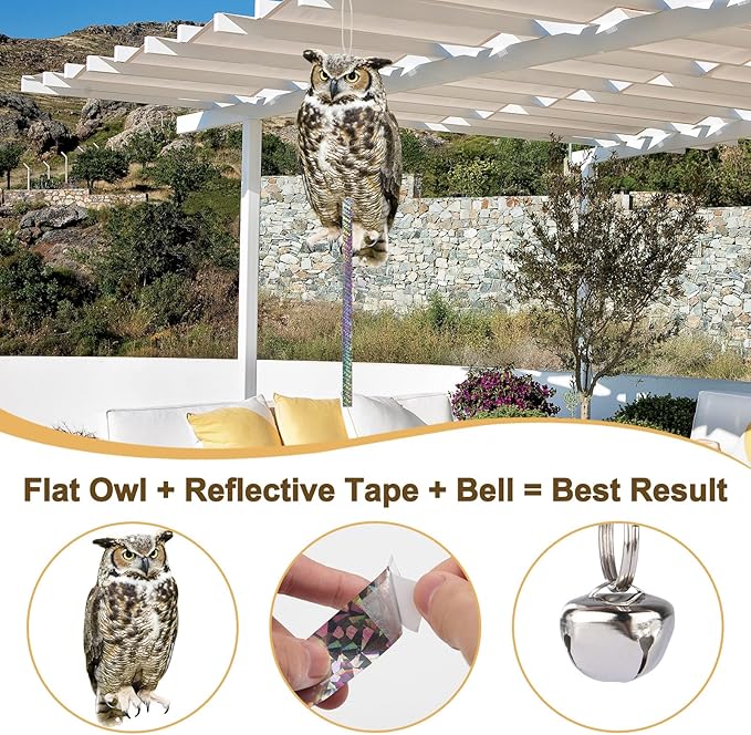2PCS Fake Owl Plastic Owl to Scare Pigeon for Outdoor Garden Hanging Flat Garden Owls with Reflective Tape to Keep Pigeon Away from Balcony Window Outside Patio Yard Backyard Front Porch