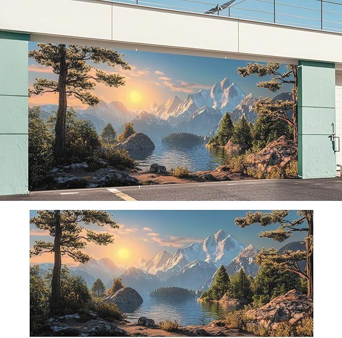ANNA QUEEN Mountain Lake Sunset Garage Door Banner 6 x 13FT, Scenic Lake, Forest, and Snowy Mountains Sunset, Nature Landscape Backdrop for Yard, Parties, Holiday Home Decor