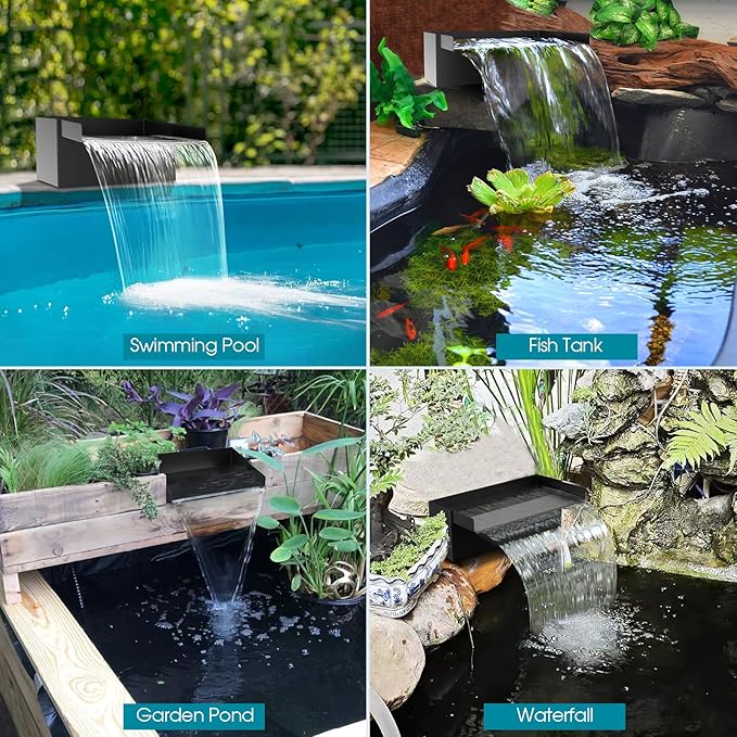 POPOSOAP Pond Waterfall Spillway with Pump Kit, 304 Stainless Steel Pond Waterfall, Pond Spillway with 9.8FT Corrugated Tubing for Garden,Water Features (8“)-P42
