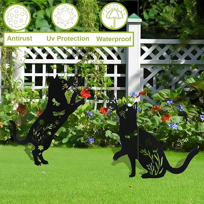 Flohuaer 2PCS Cat Metal Garden Stakes Decorative Unique Gifts for Women/Men Cat Lovers Black Silhouette Statues for Outside Yard Art Outdoor Patio Lawn Ornaments Garden Decorations