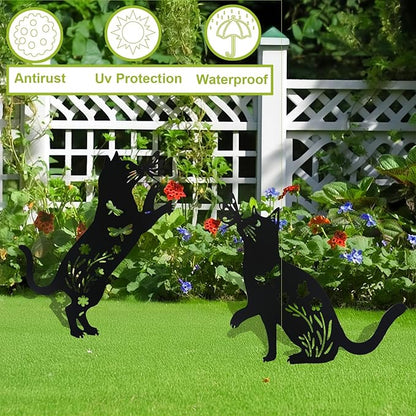 Flohuaer 2PCS Cat Metal Garden Stakes Decorative Unique Gifts for Women/Men Cat Lovers Black Silhouette Statues for Outside Yard Art Outdoor Patio Lawn Ornaments Garden Decorations