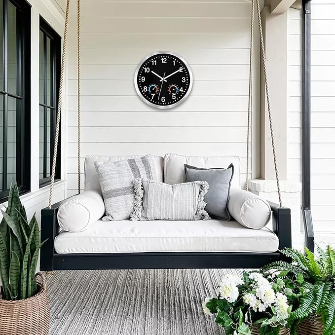 Caysie 12 Inch Indoor Outdoor Clocks Waterproof with Thermometer and Hygrometer Combo, Silent Battery Operated Quartz Metal Wall Clock for Patio Pool Bathroom Home (Black)