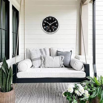 Caysie 12 Inch Indoor Outdoor Clocks Waterproof with Thermometer and Hygrometer Combo, Silent Battery Operated Quartz Metal Wall Clock for Patio Pool Bathroom Home (Black)