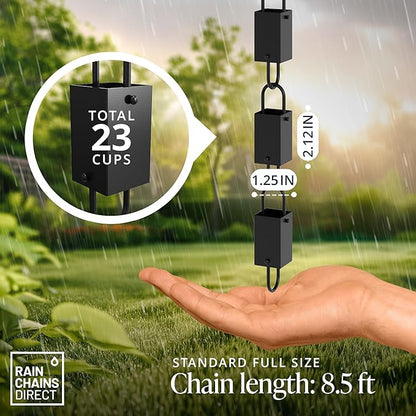 Rain Chains Direct - Square Link Rain Chain - 8.5 FT - Durable Black Powder-Coated Aluminum - Premium Rain Chains for Gutters