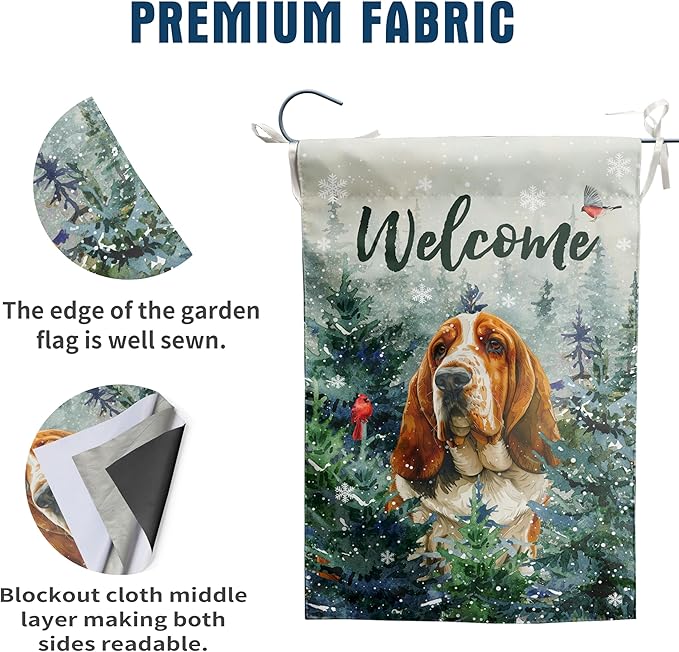 Welcome Winter Garden Flags Basset Hound Garden Flag Cardinal Birds on Snowy Pine Tree Flag Dog Yard Flags for Outside 12x18 Double Sided Christmas Decorative