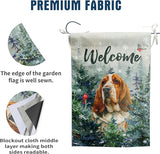 Welcome Winter Garden Flags Basset Hound Garden Flag Cardinal Birds on Snowy Pine Tree Flag Dog Yard Flags for Outside 12x18 Double Sided Christmas Decorative