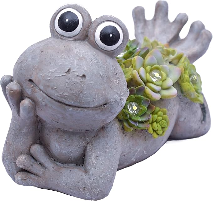 TERESA'S COLLECTIONS Frog Garden Decor with Solar Light for Outdoor Statues,Adorable Lying Frog Resin Lawn Ornaments Resting Animal Succulent Stone Figurines for Porch Patio Gifts for Mom Dad,7.3"