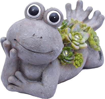TERESA'S COLLECTIONS Frog Garden Decor with Solar Light for Outdoor Statues,Adorable Lying Frog Resin Lawn Ornaments Resting Animal Succulent Stone Figurines for Porch Patio Gifts for Mom Dad,7.3"