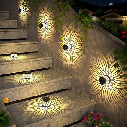 Hapjoy Solar Fence Lights 2 Pack Outdoor Deck Step Wall Lights Metal Waterproof LED Warm Yellow Light for Garden Post Patio Backyard Yard Decor (Flower, 2)
