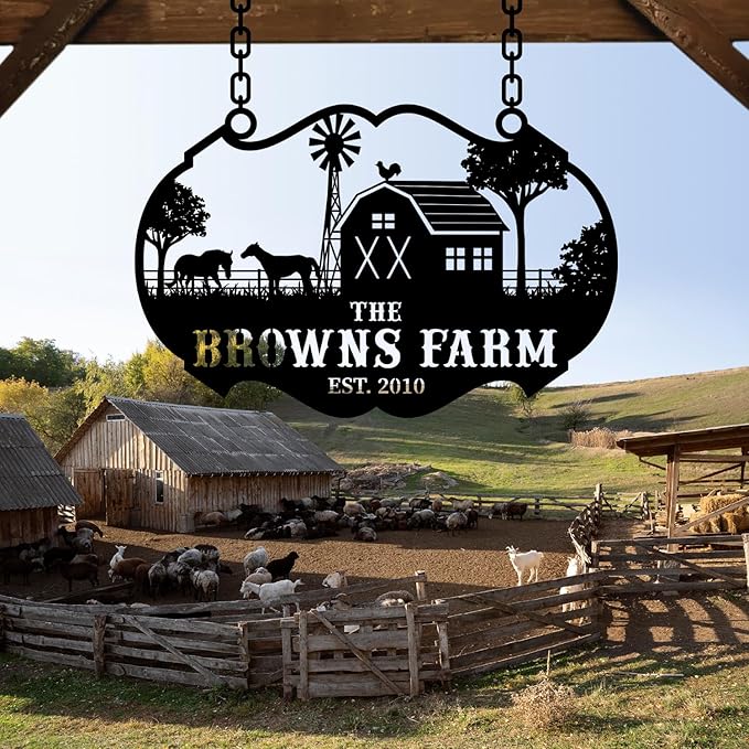 Personalized Metal Farm Ranch Sign, Customized Family Last Name, Large Decor, Outdoor Art, Welcome Sign, Black, 12" - 14" - 16" - 20" - 24" - 27" - 32" - 39