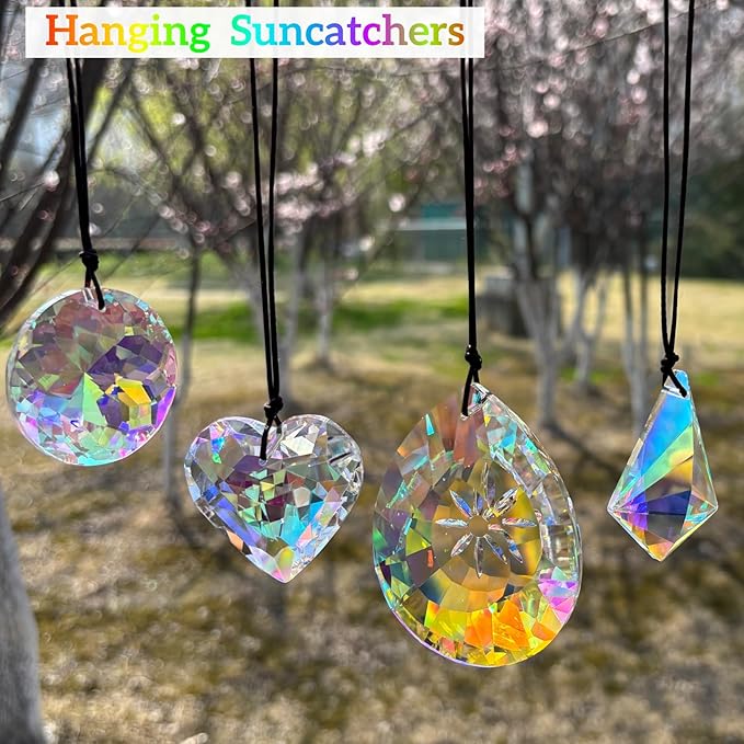 Crystal Sun Catcher with 6 Hanging Prisms | Rainbow Maker & Window Suncatcher for Home Decor, Garden Pendants | Includes Hanging Rope & 6