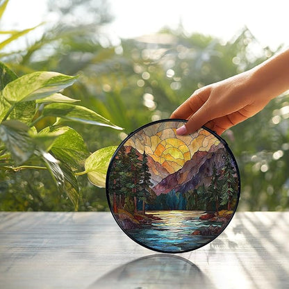Mountain Sunset Suncatcher Stained Glass Window Hanging, Nature Mountain Landscape Sun Catchers Indoor Window Glass Wall Art Decor, Nature Wall Hanging Decor, 7.9x7.9 Inch 044-MH-BLGH