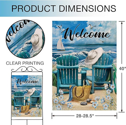 Hzppyz Welcome Summer Beach Coastal Nautical House Flag Double Sided, Ocean Blue Sea Myosotis Sylvatica Chairs Decorative Garden Yard Outdoor Large Decor, Burlap Home Outside Decoration 28 x 40