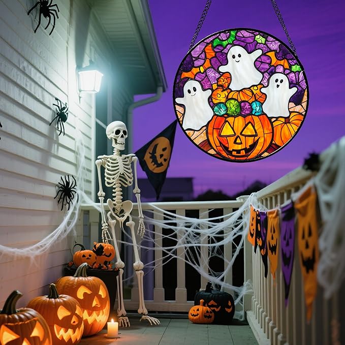 Stained Glass Window Hanging Halloween Horror Pumpkin White Ghost 9.8" - Suncatcher Door Garden Sunroom Gothic Style Sun Catcher Birthday for Friend Mom Men Woman Nana