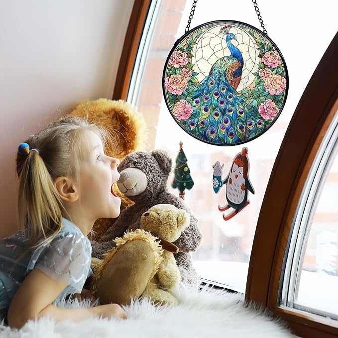 TNUW Peacock Flower Stained Glass Window Hanging, Peacock Decor Sun Catchers Indoor Window Glass Round Wall Art Decor, Bird Floral Wall Hanging Decorations, 7.9＂x7.9＂Suncatchers