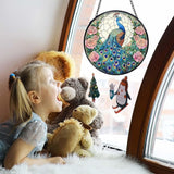 TNUW Peacock Flower Stained Glass Window Hanging, Peacock Decor Sun Catchers Indoor Window Glass Round Wall Art Decor, Bird Floral Wall Hanging Decorations, 7.9＂x7.9＂Suncatchers
