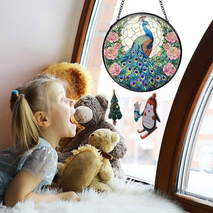 TNUW Peacock Flower Stained Glass Window Hanging, Peacock Decor Sun Catchers Indoor Window Glass Round Wall Art Decor, Bird Floral Wall Hanging Decorations, 7.9＂x7.9＂Suncatchers