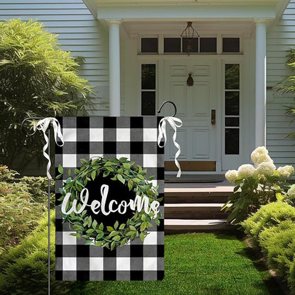 Welcome Leaves Wreath Garden Flags 12x18 Double Sided Summer Black White Buffalo Plaid Rustic Yard Flags Spring Seasonal Garden Flag Burlap Outdoor Lawn Decor